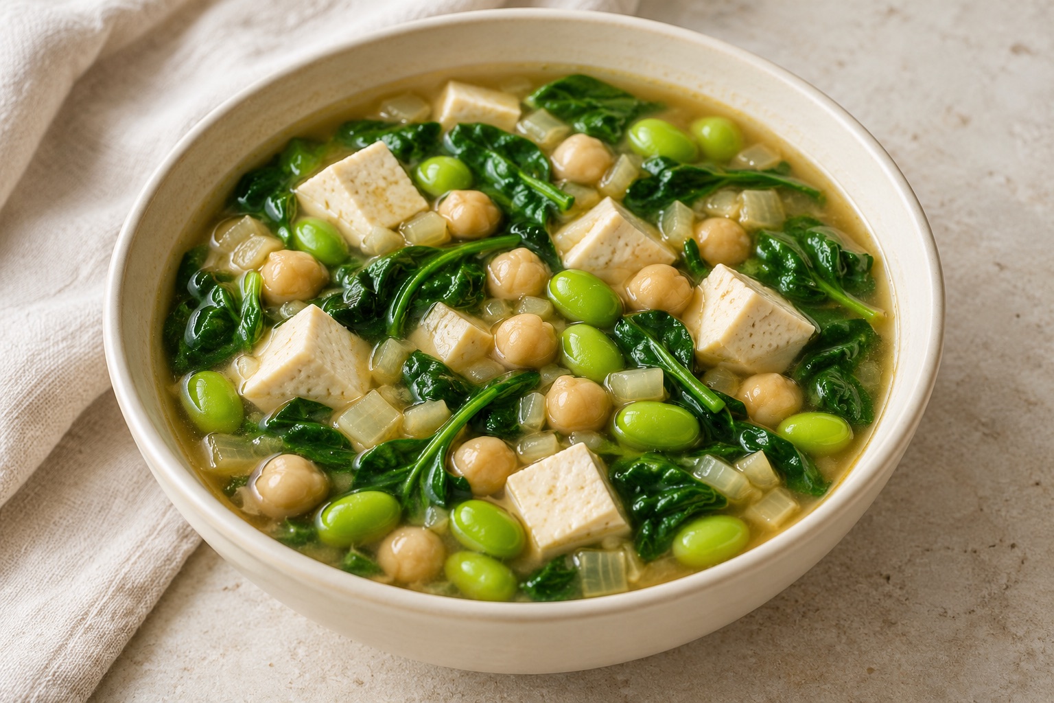 Serving suggestion for Spinach Chickpea Tofu Edamame Soup