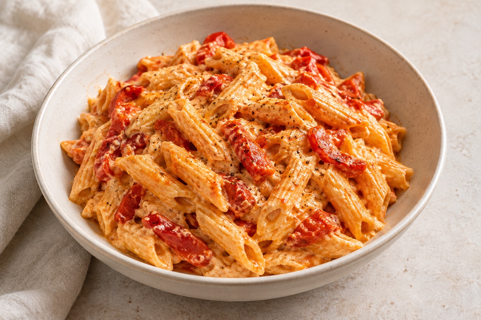 Serving suggestion for Roasted Pepper Paprika Chickpea Cottage Cheese Pasta