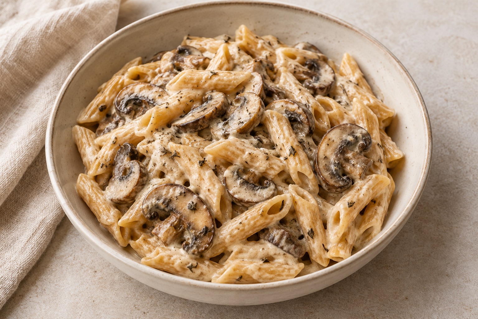 Serving suggestion for Mushroom Thyme Chickpea Cottage Cheese Pasta