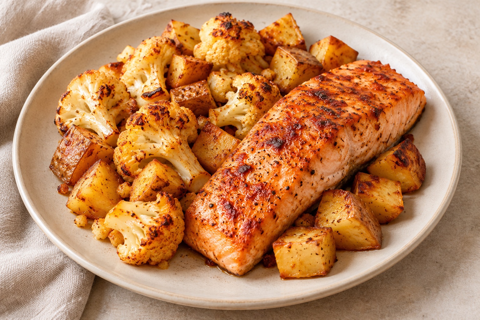 Serving suggestion for Harissa Cauliflower Salmon Tray Bake