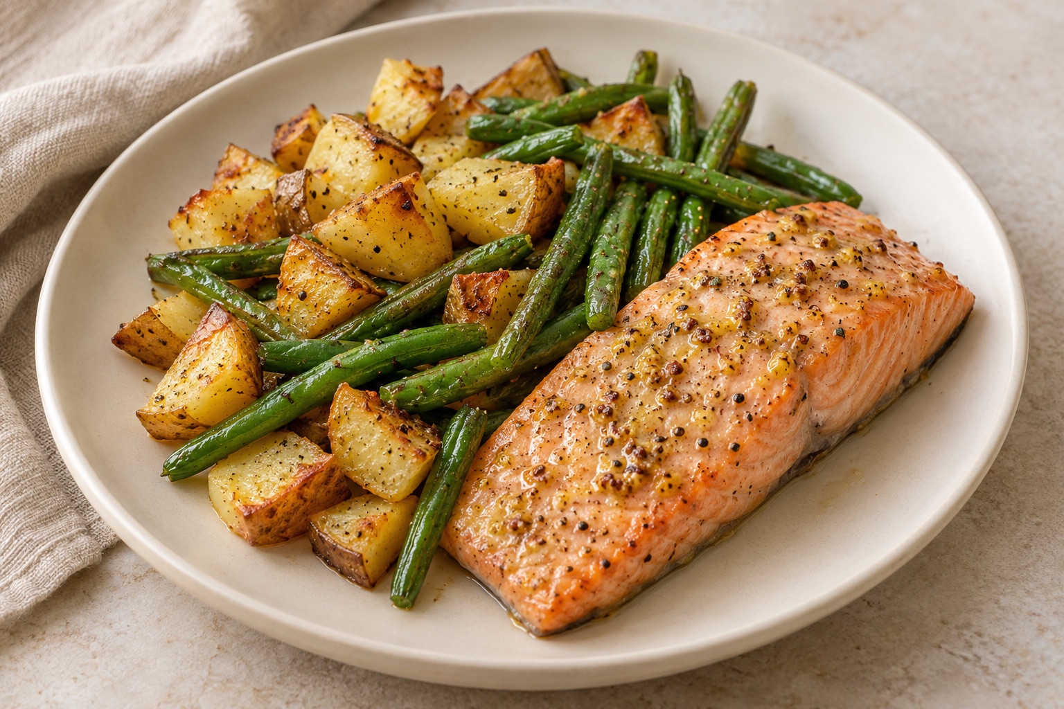 Serving suggestion for Mustard Green Bean Salmon Tray Bake