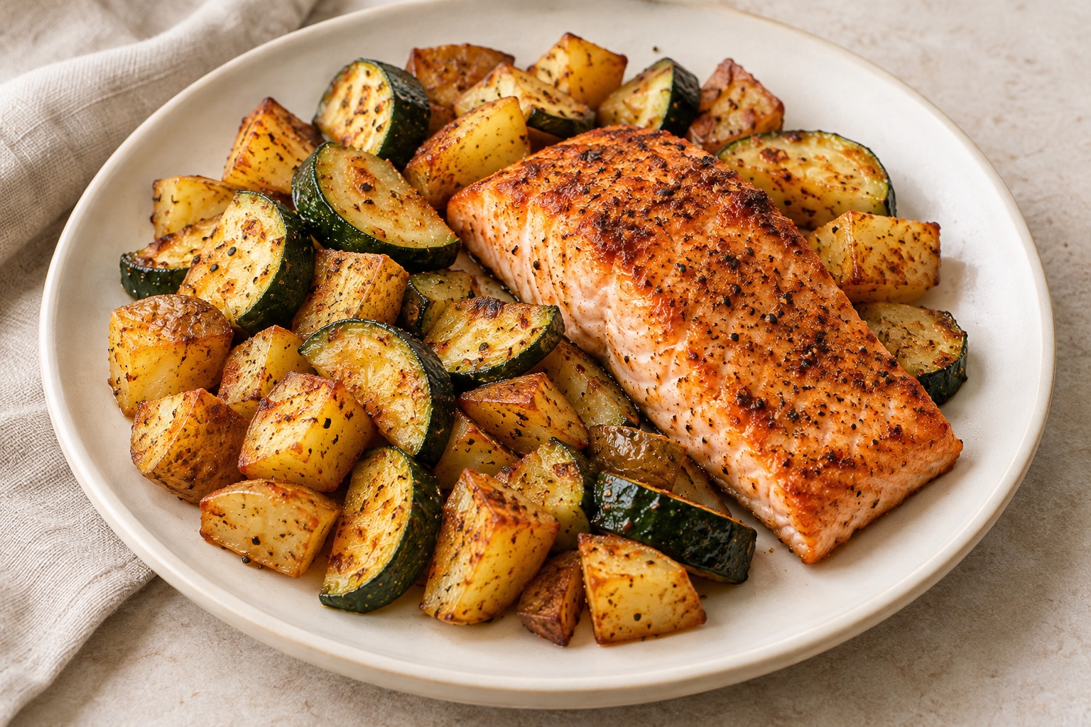 Serving suggestion for Paprika Zucchini Salmon Tray Bake