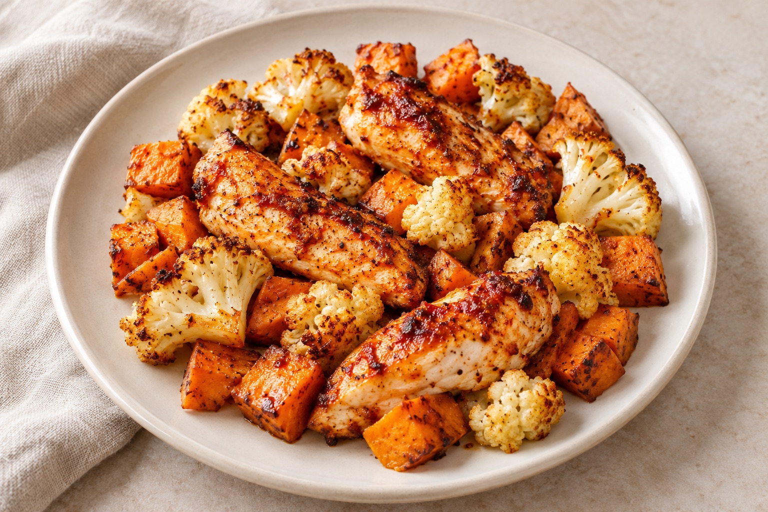 Serving suggestion for Harissa Cauliflower Chicken Sweet Potato Tray Bake