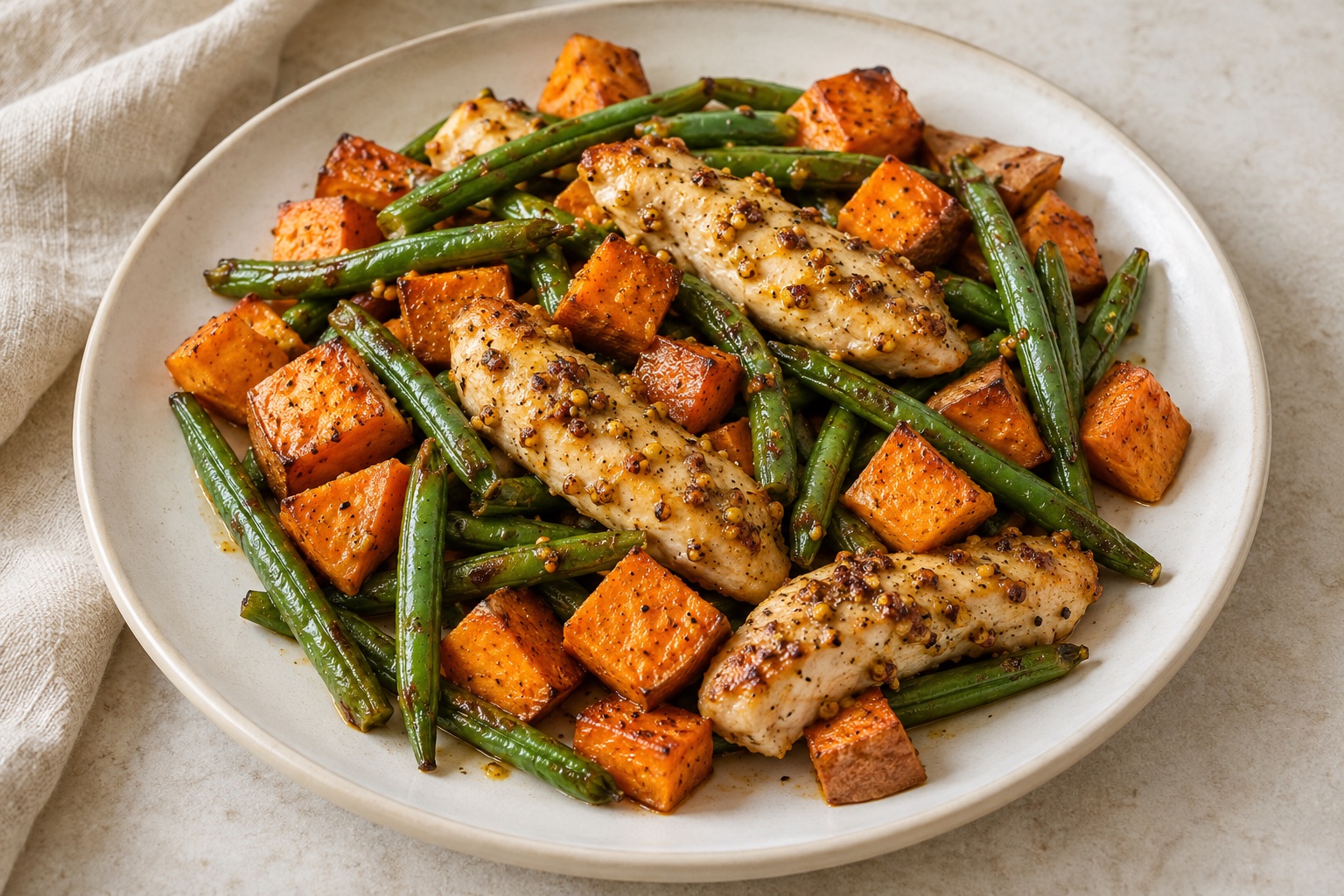 Serving suggestion for Mustard Green Bean Chicken Sweet Potato Tray Bake