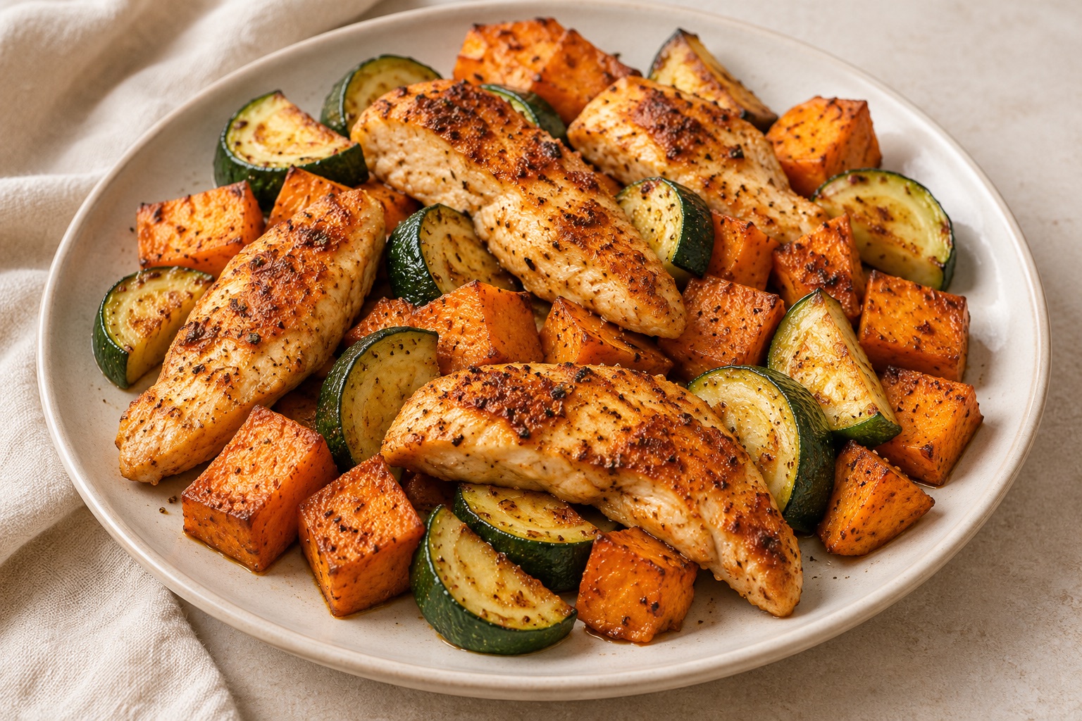 Serving suggestion for Paprika Zucchini Chicken Sweet Potato Tray Bake