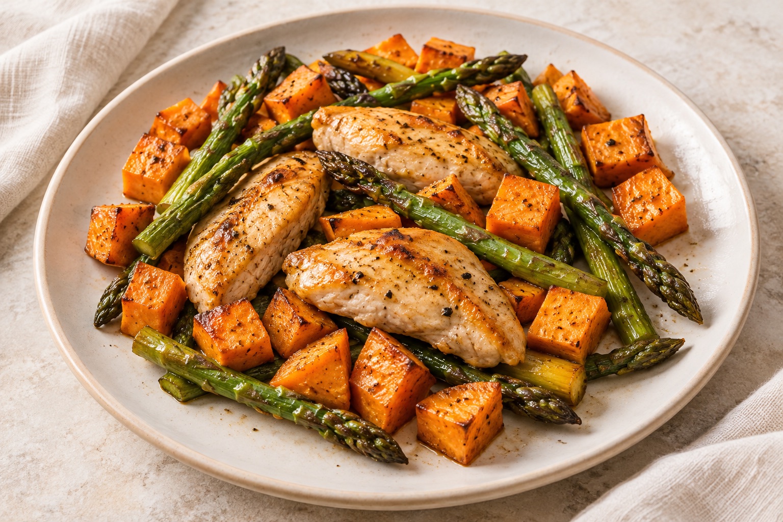 Serving suggestion for Lemon Asparagus Chicken Sweet Potato Tray Bake