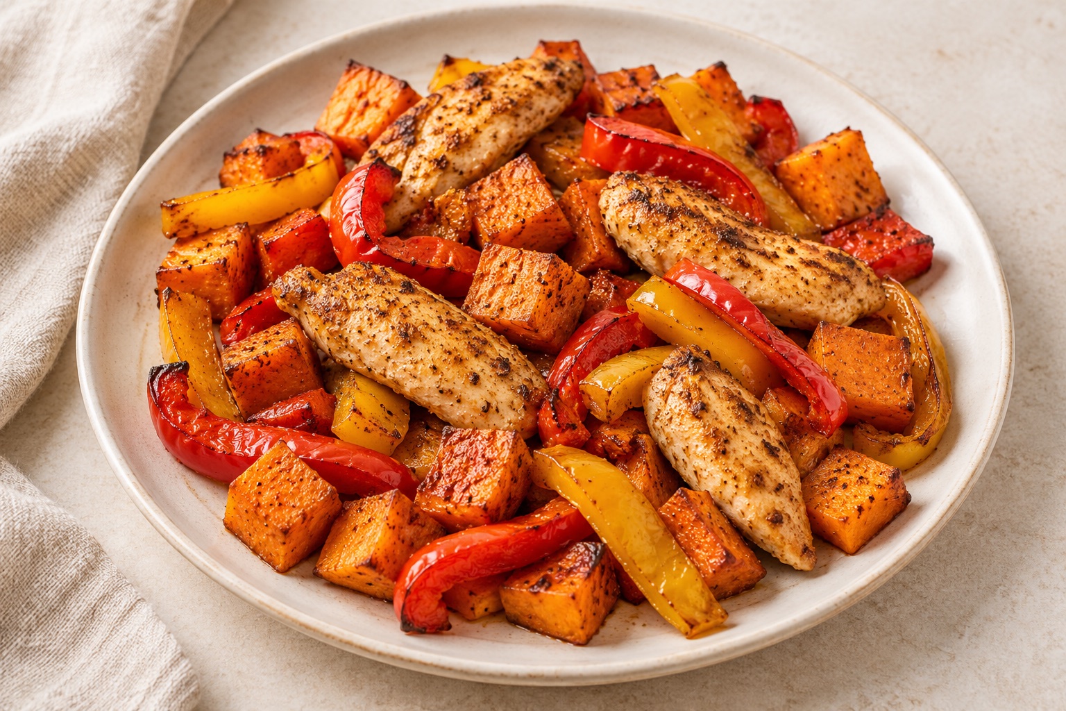 Serving suggestion for Cumin Bell Pepper Chicken Sweet Potato Tray Bake