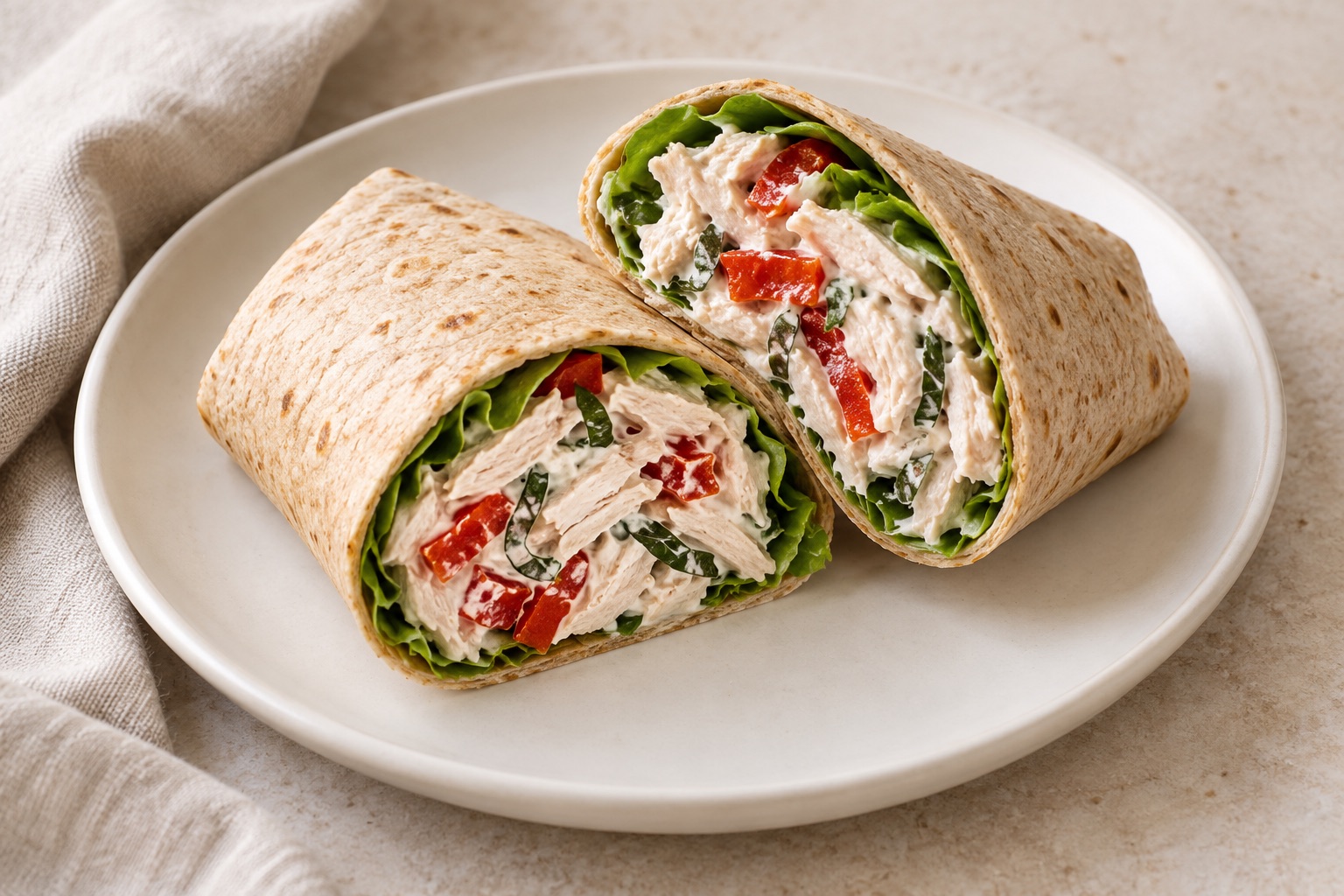 Serving suggestion for Basil Roasted Pepper Chicken Yogurt Wraps