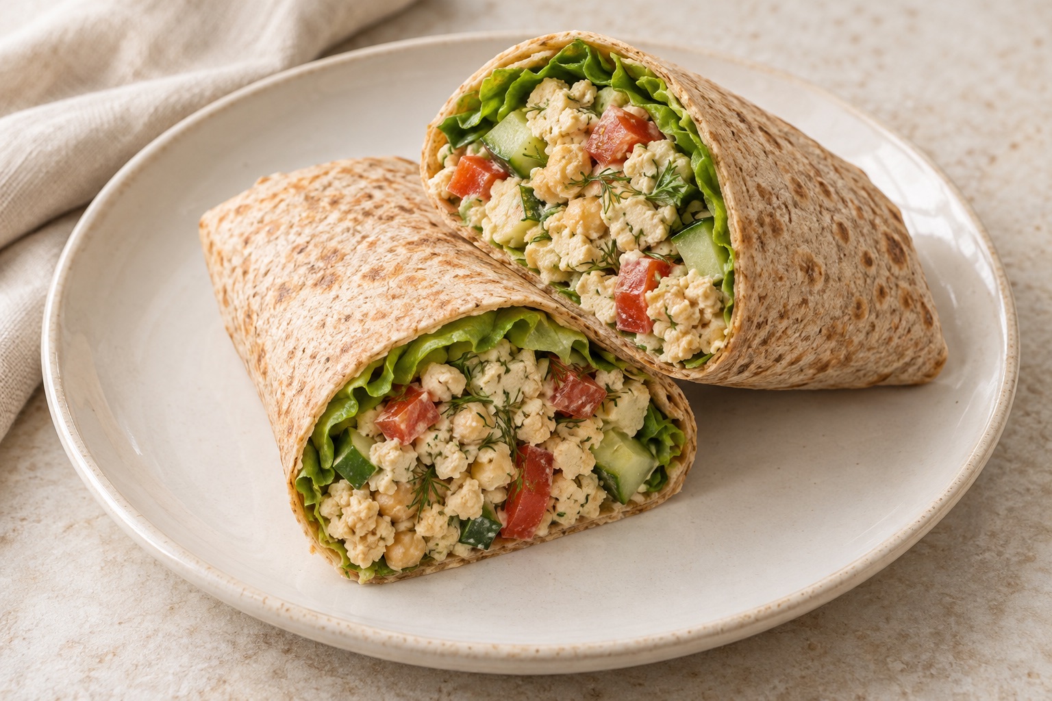 Serving suggestion for Greek-Style Tofu Chickpea Wraps