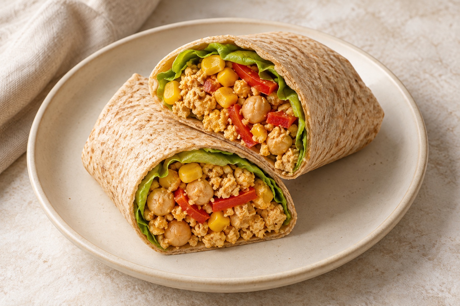 Serving suggestion for Smoky Corn Tofu Chickpea Wraps