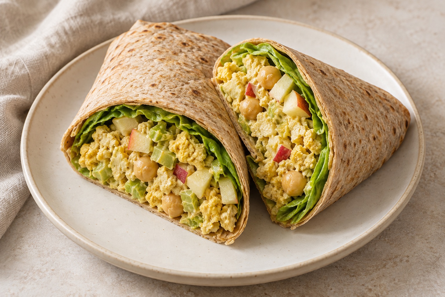 Serving suggestion for Curry Apple Tofu Chickpea Wraps