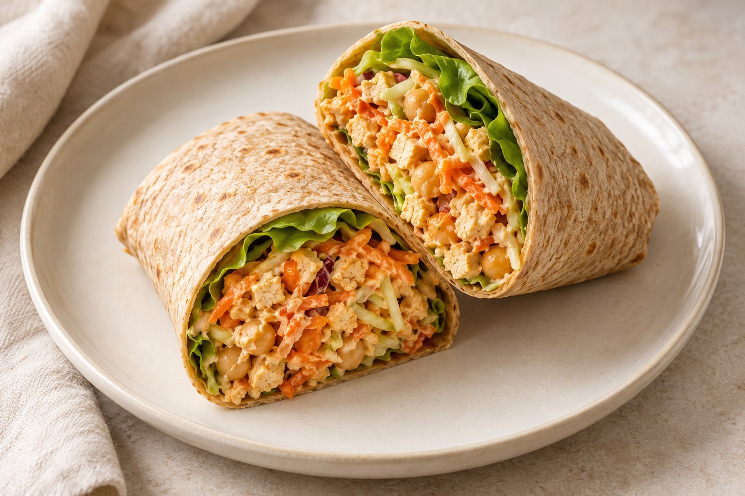 Serving suggestion for Sriracha Slaw Tofu Chickpea Wraps