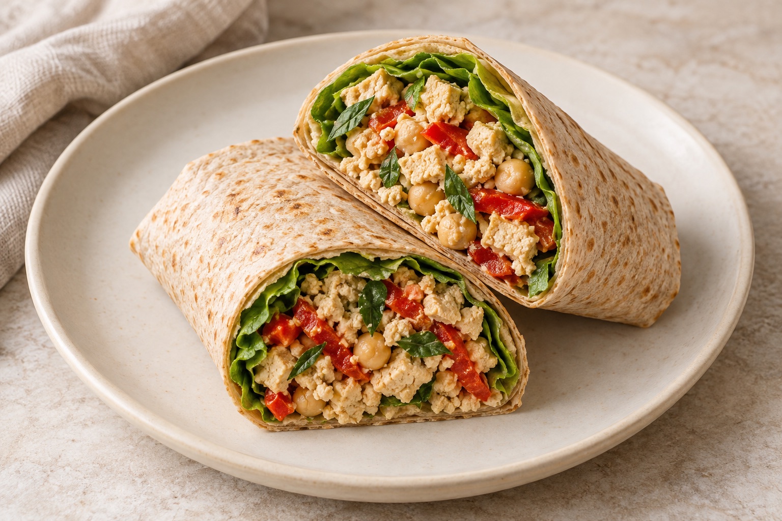 Serving suggestion for Basil Roasted Pepper Tofu Chickpea Wraps