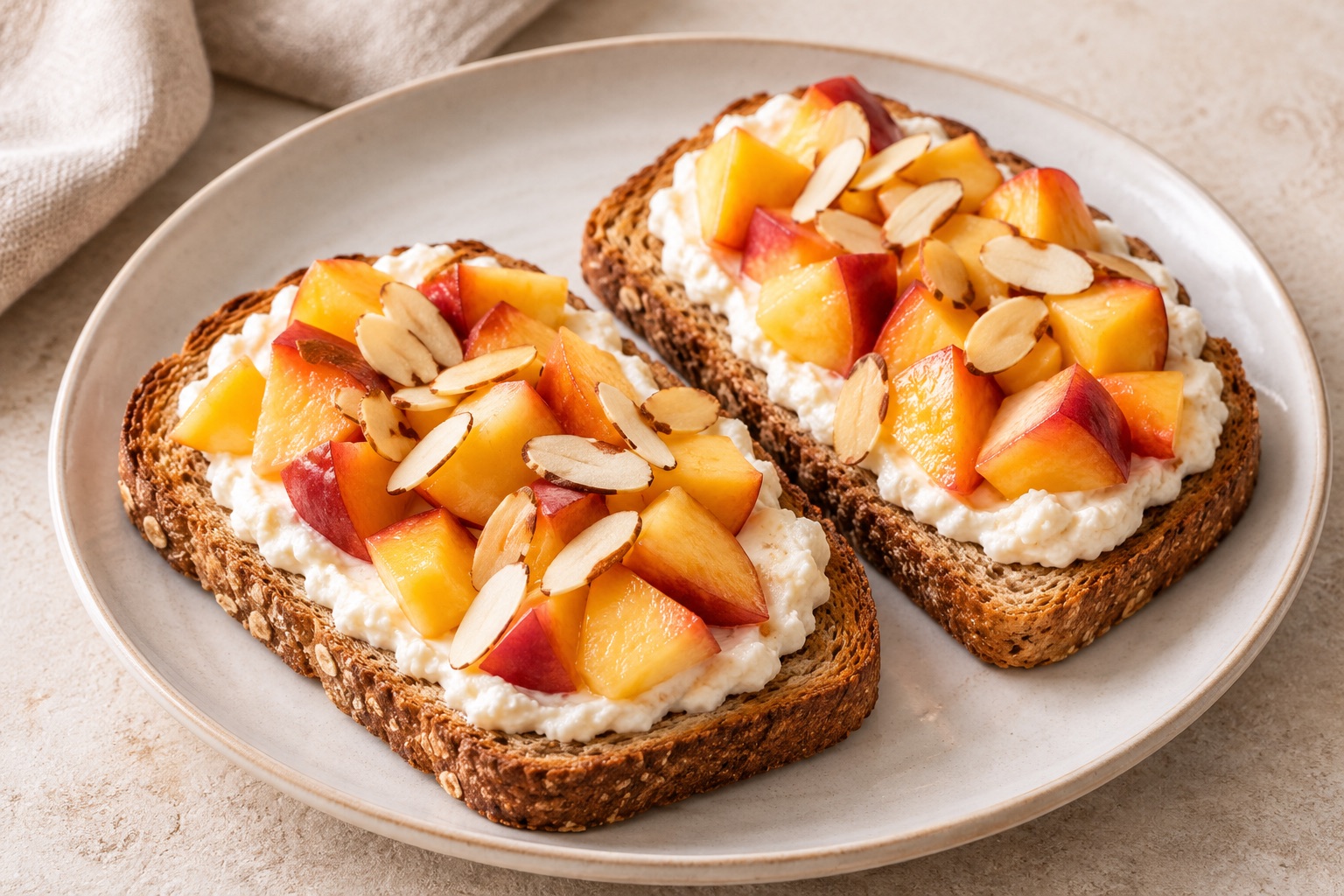 Serving suggestion for Peach Almond Ricotta Cheesecake Toasts