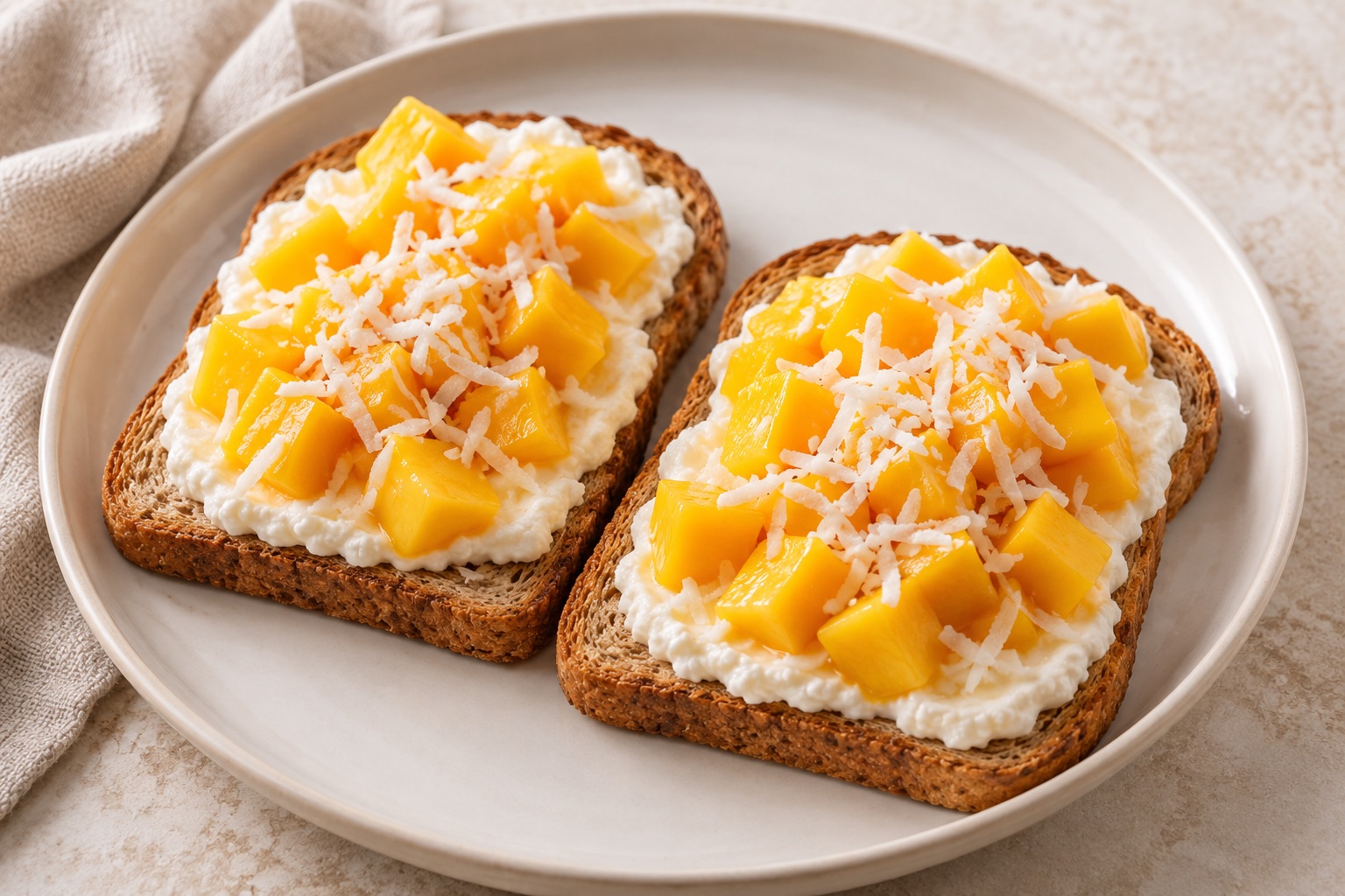Serving suggestion for Mango Coconut Ricotta Cheesecake Toasts