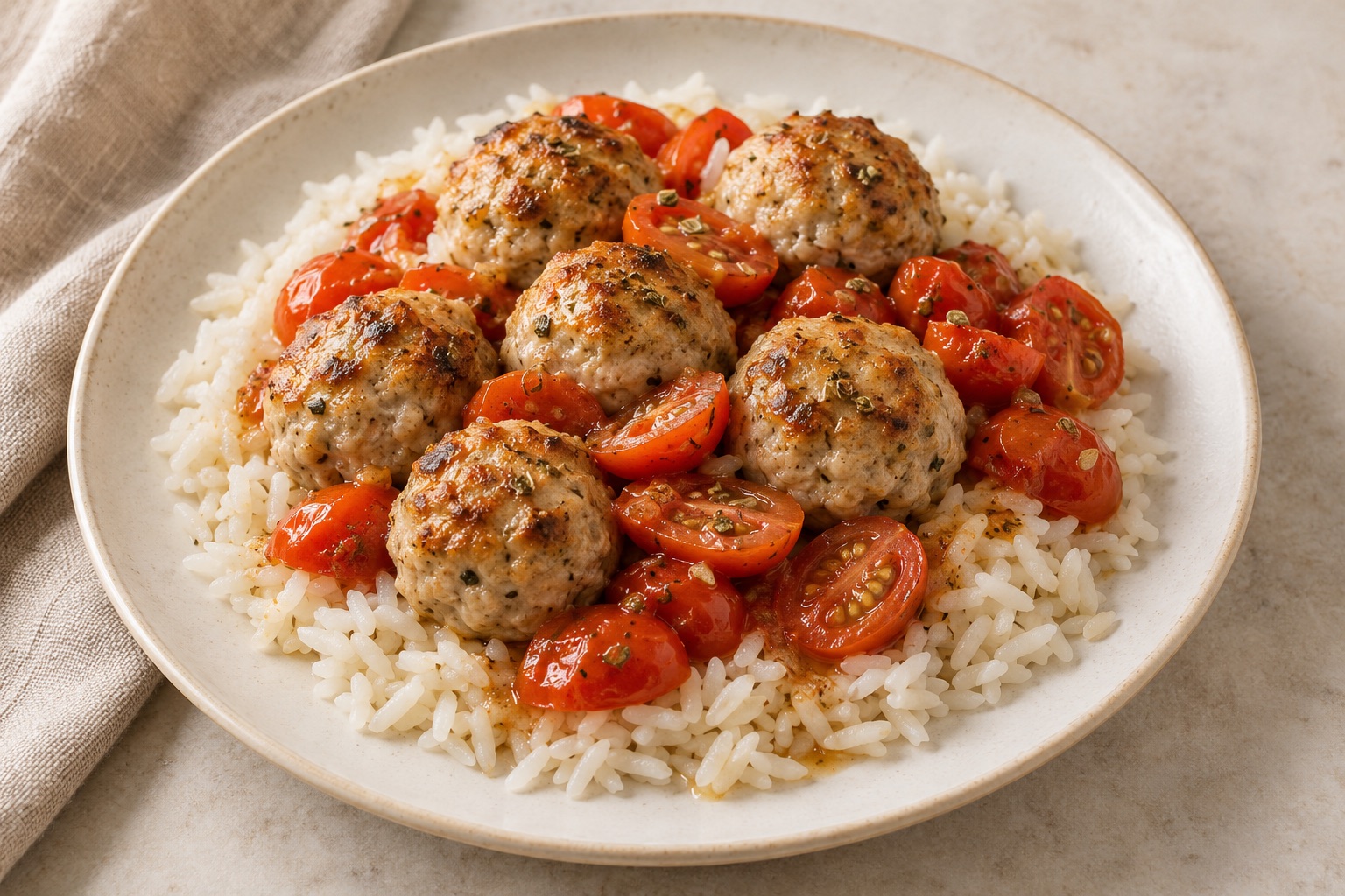 Serving suggestion for Lemon Oregano Turkey Meatballs with Rice