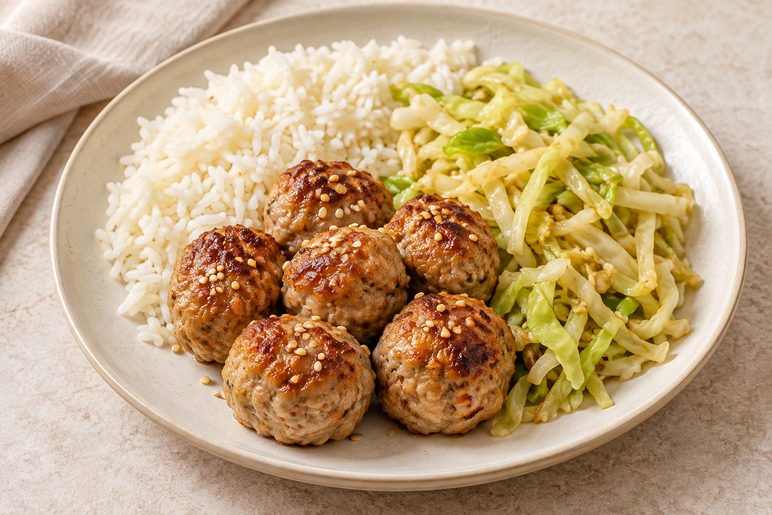 Serving suggestion for Ginger Sesame Turkey Meatballs with Rice