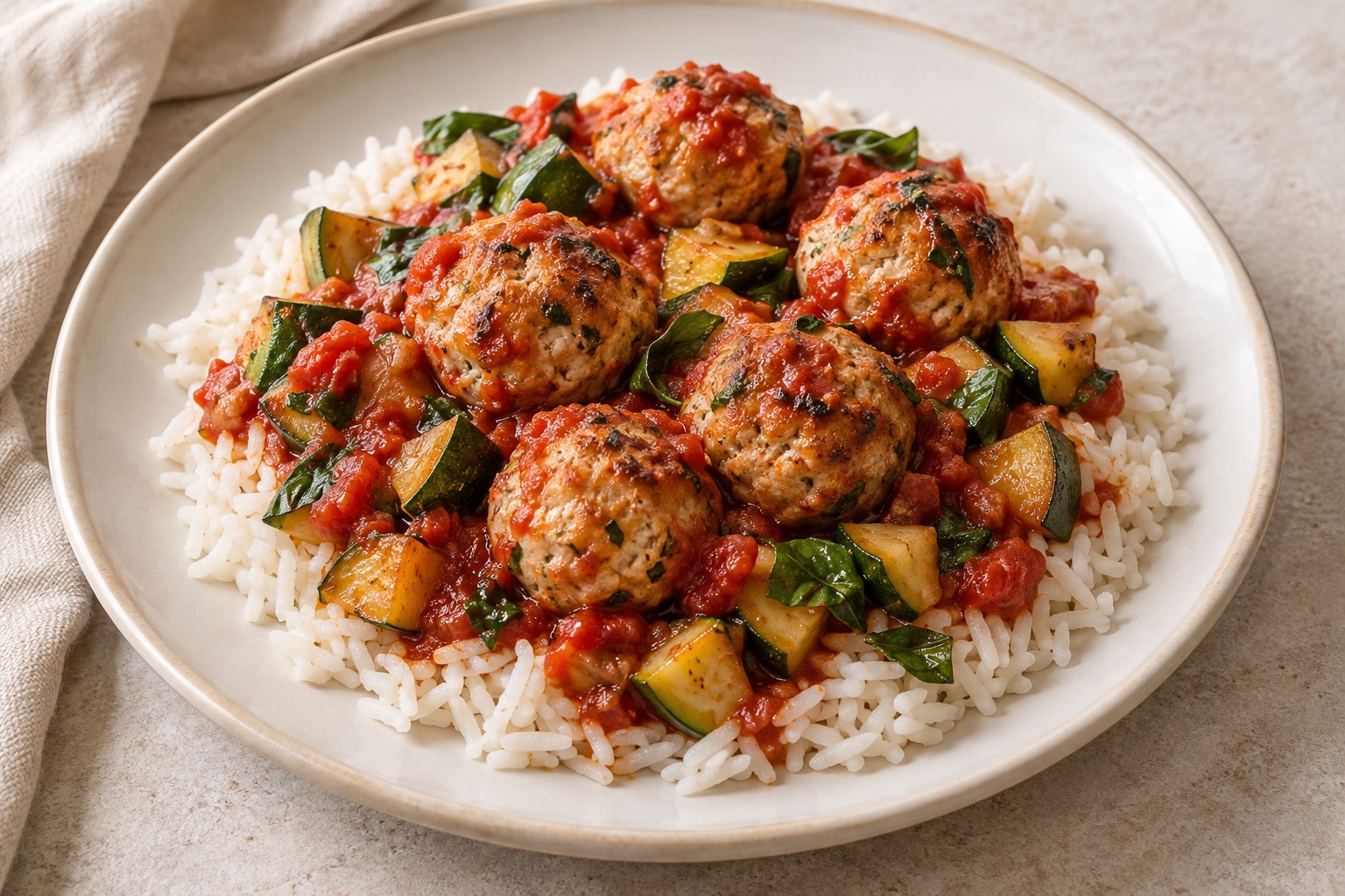 Serving suggestion for Tomato Basil Turkey Meatballs with Rice
