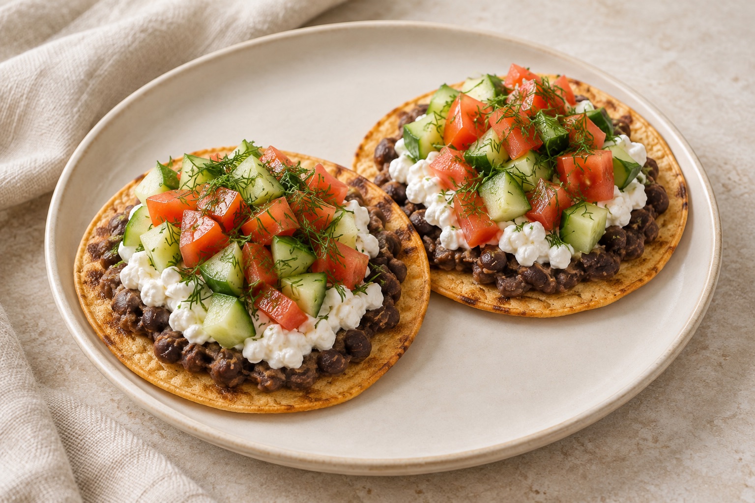 Serving suggestion for Greek-Style Black Bean Cottage Cheese Tostadas