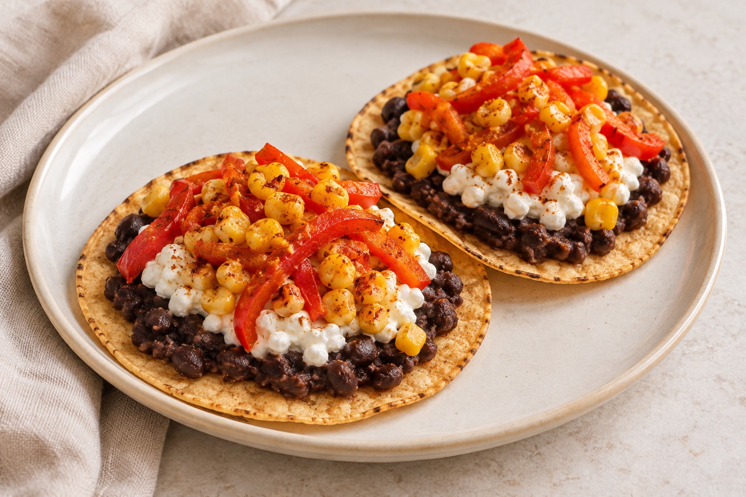 Serving suggestion for Smoky Corn Black Bean Cottage Cheese Tostadas