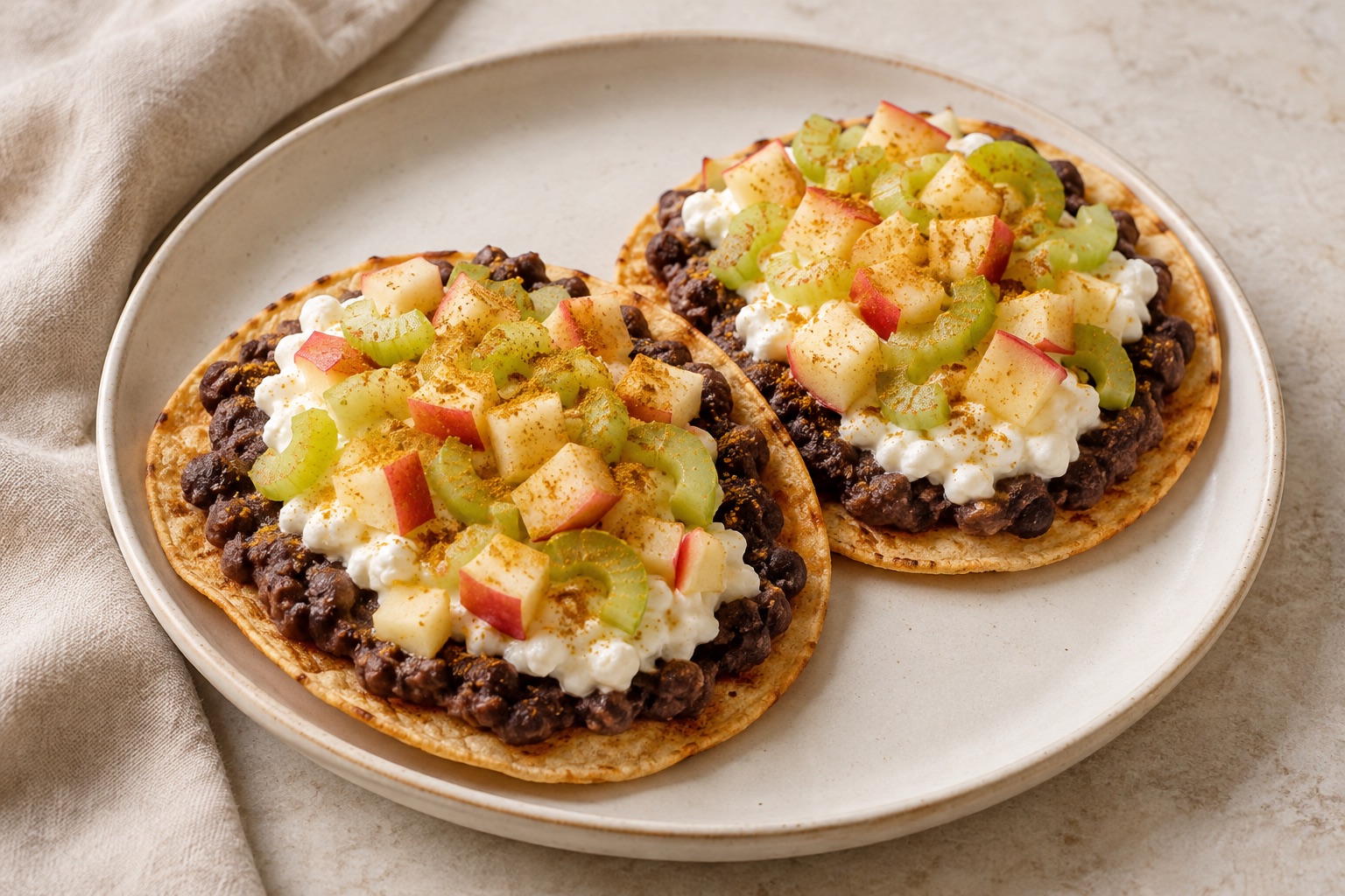 Serving suggestion for Curry Apple Black Bean Cottage Cheese Tostadas