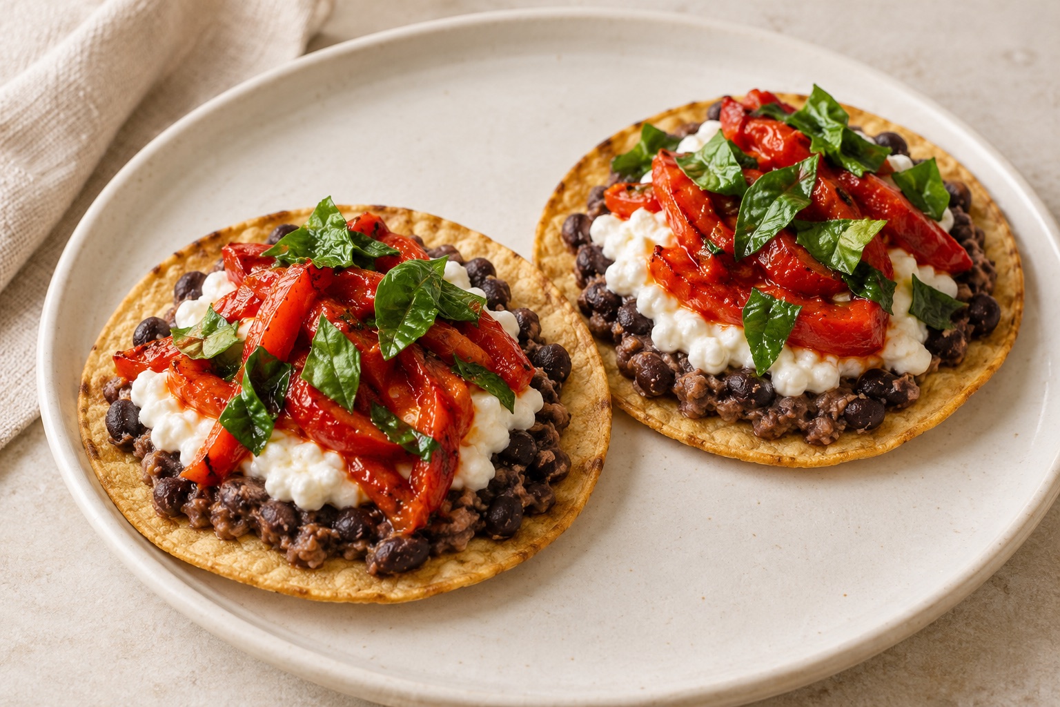Serving suggestion for Basil Roasted Pepper Black Bean Cottage Cheese Tostadas