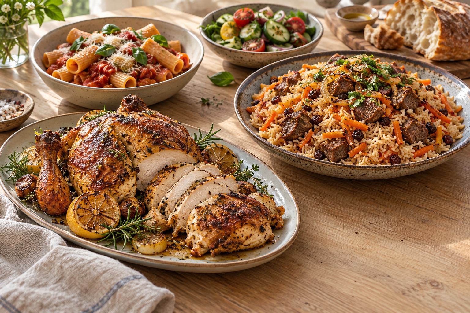 Ein einladender Tisch mit Brathähnchen, Plov, Pasta und frischem Salat